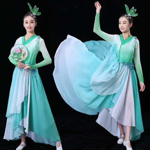 Women's mint colored chinese ancient hanfu traditional dance dress fairy umbrella fan dance dresses